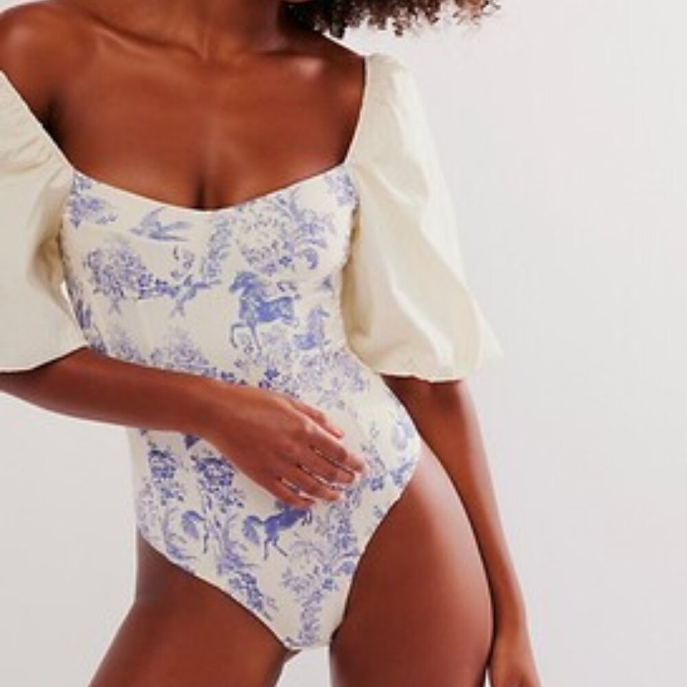 Free People Cream and Blue Bodysuit